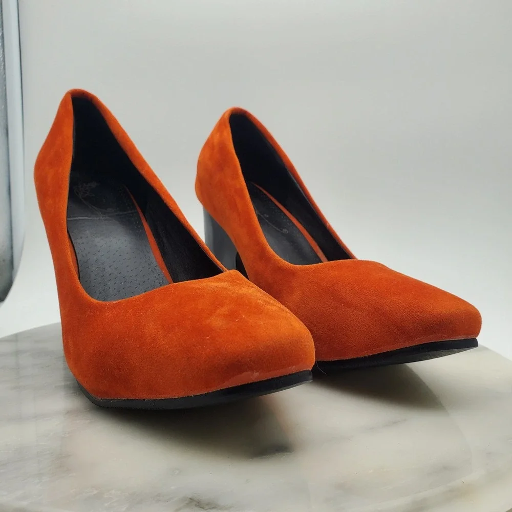 Vibrant Orange Suede Block Heel Pumps Round Toe Chunky High Heels Women Sz 6.5-7